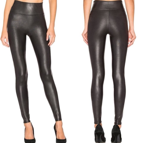 SPANX Black Metallic Sleek Faux Vegan Leather Compression High Waist Leggings L - Picture 2 of 16